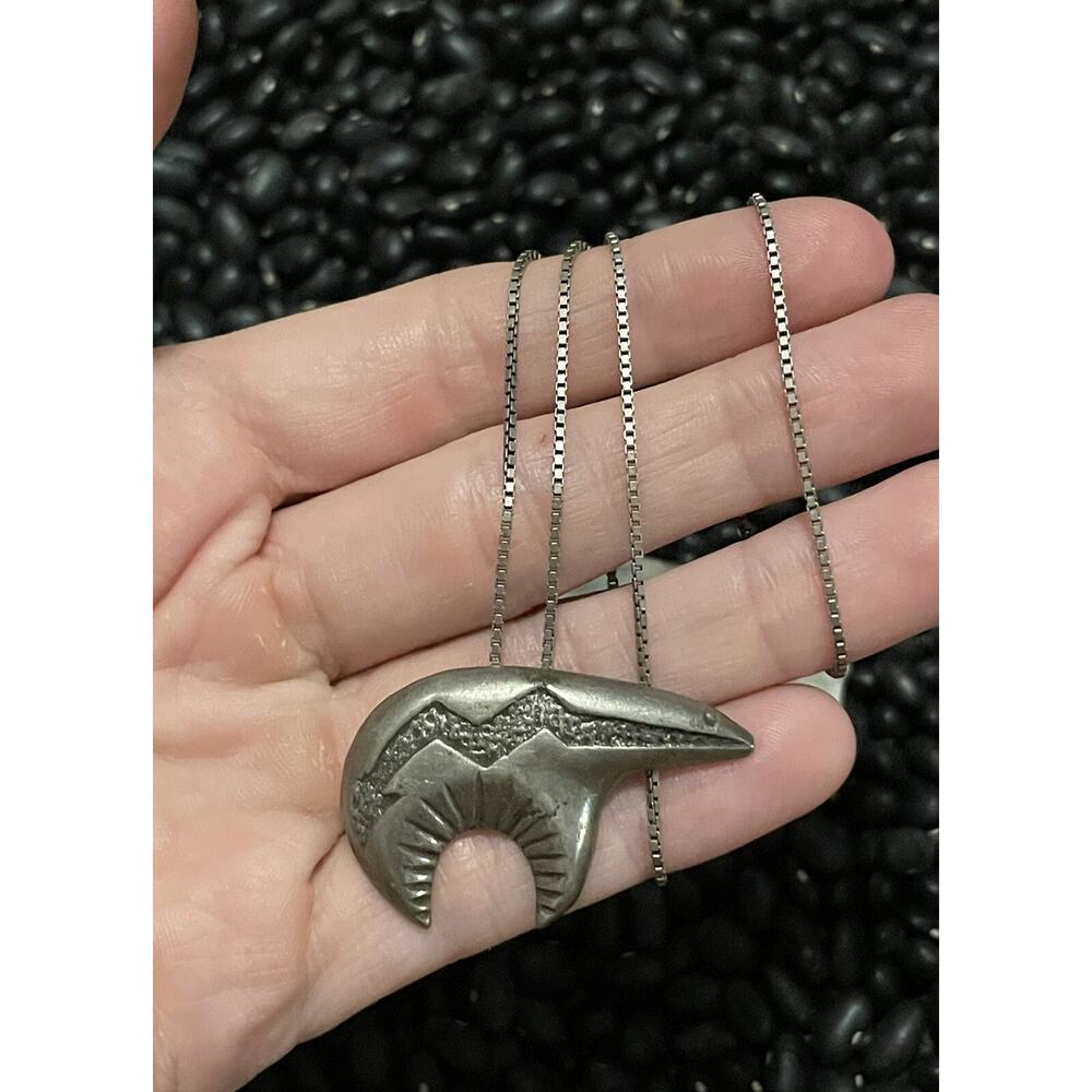 Native Sterling Silver Storyteller Bear Lightning Spirit Pin Pendant Signed AM - Picture 2 of 12